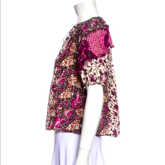 🎉HP🎉 ULLA JOHNSON Nuru white/pink batik tie neck crop top cotton/silk, S… - Picture 3 of 4